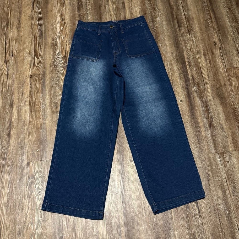 Energie Wide Leg Ankle Jeans Women's 5 Patch Pocket Cropped Dark Wash Denim